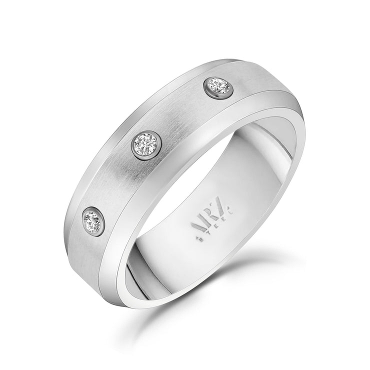 Männer Ring - 7mm drei Steine abgeschrägter Rand gravierbarer Stahlbandring