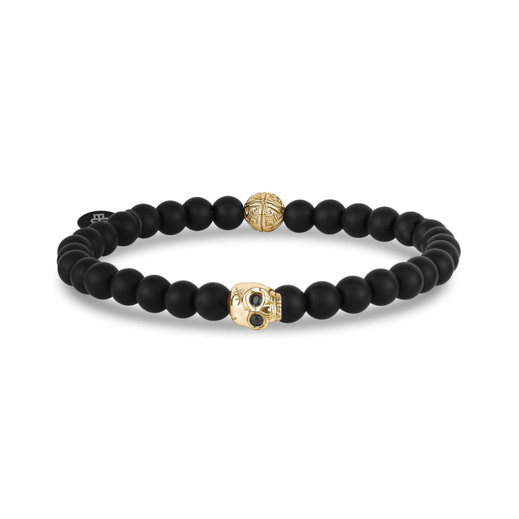 Unisex Bead Bracelet - 6mm Gold Skull Head Matte Black Onyx Stretch Bead Bracelet
